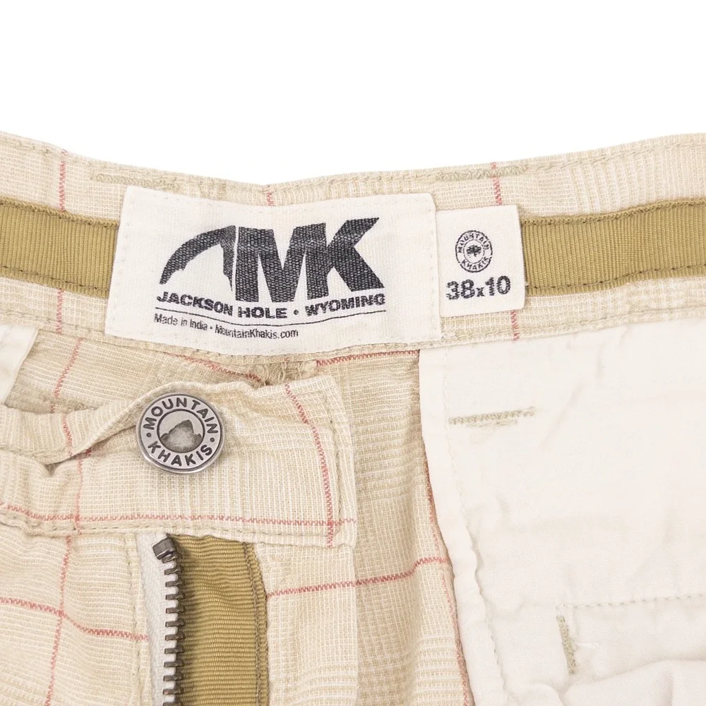 Mountain Khakis Mens 38 Linen Cotton Blend Shorts Beige Red Windowpane Gorpcore